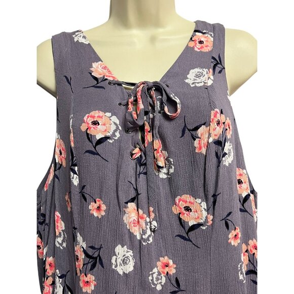 Torrid Size 2 Gray Purple Floral‎ Sleeveless A-Line Swing Dress Tie Neck Lined - Picture 3 of 16
